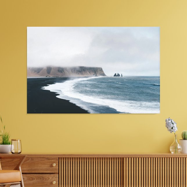 Black Sand Coast – Misty Ocean Drama Canvas Print (Insitu(LivingRoom))