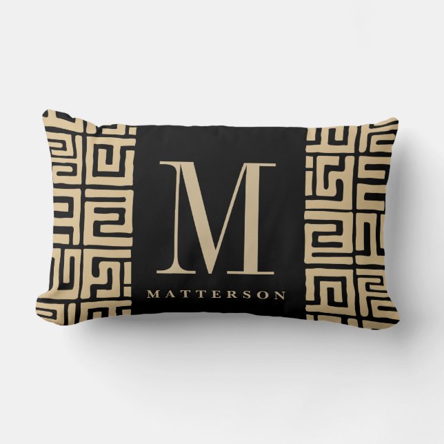 Black|Sand Kuba Print Inspired Monogram Lumbar Pillow (Front)