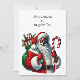 Black Santa and Bag of Gifts Flat Card Personalize