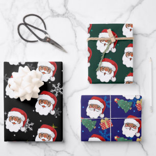 black Santa and Christmas Tree gift Wrapping Paper Sheet