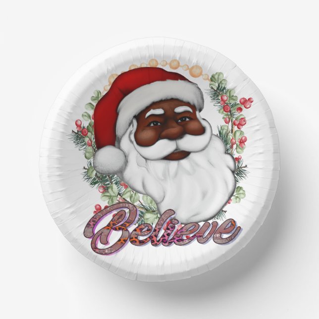 Black Santa Believe Melanin Man Christmas Cheer Paper Plate (Front)