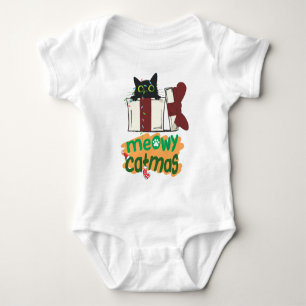 Black Santa Cat tangled in Christmas tree lights Baby Bodysuit