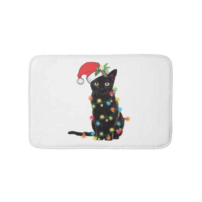 Black Santa Cat Tangled Up In Lights Christmas Bath Mat (Front)