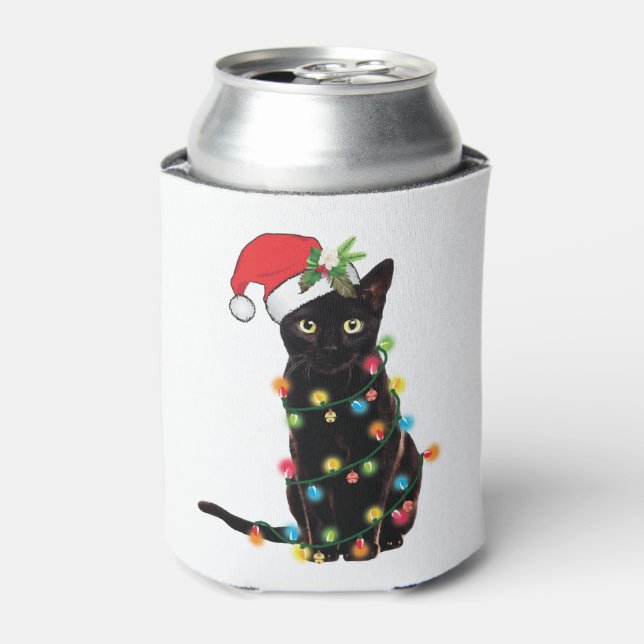 Black Santa Cat Tangled Up In Lights Christmas Can Cooler (Can Front)