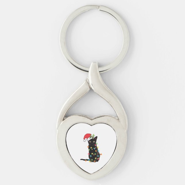 Black Santa Cat Tangled Up In Lights Christmas Keychain (Front)