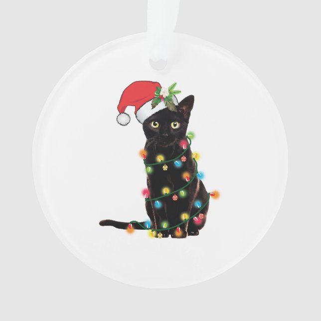 Black Santa Cat Tangled Up In Lights Christmas Ornament (Front)