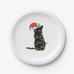 Black Santa Cat Tangled Up In Lights Christmas Paper Plate