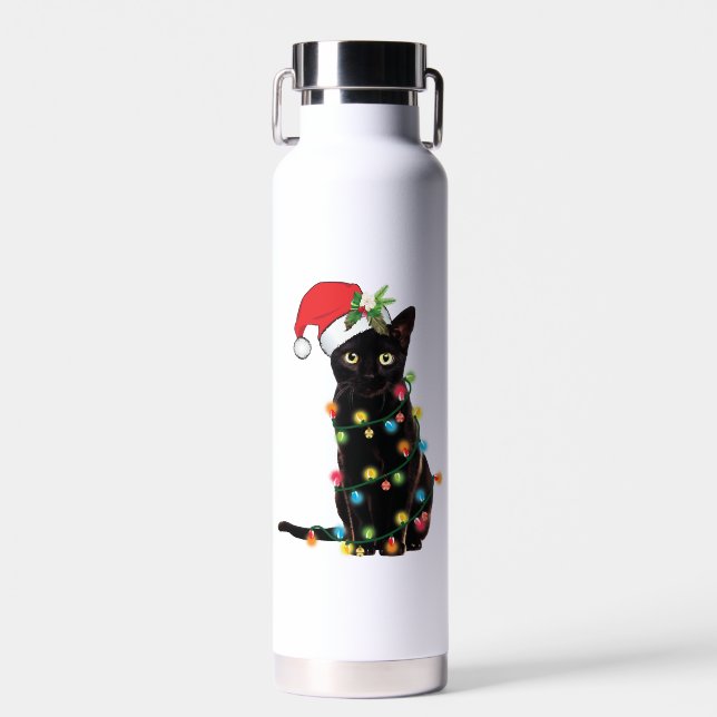Black Santa Cat Tangled Up In Lights Christmas Water Bottle (Front)