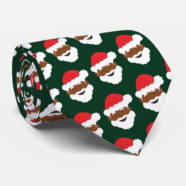 Black Santa Claus Brown Skin Green Christmas Tie (Rolled)