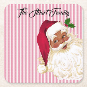 Black Santa Claus Cranberry Stripe Square Paper Coaster