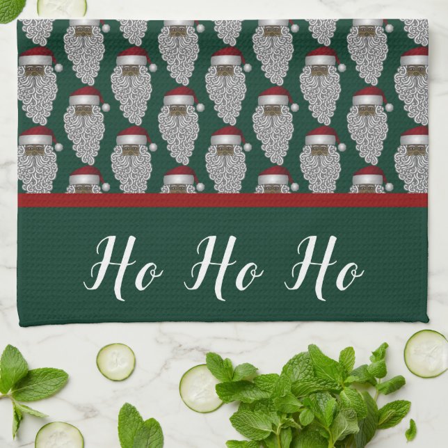 Black Santa Claus Green Christmas Holiday  Kitchen Towel (Folded)