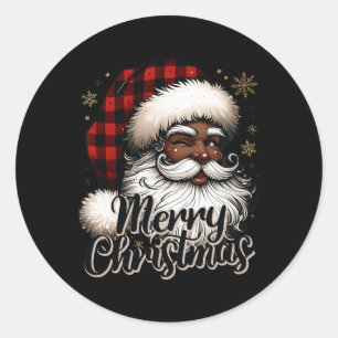 Black-santa Claus Merry Christmas Plaid Festive Se Classic Round Sticker
