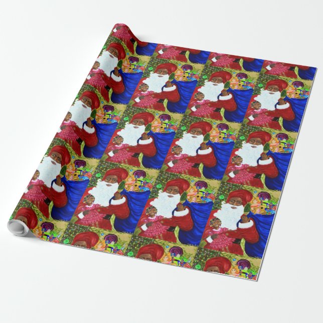 Black Santa Glossy Wrapping Paper - Christmas Wrap (Unrolled)