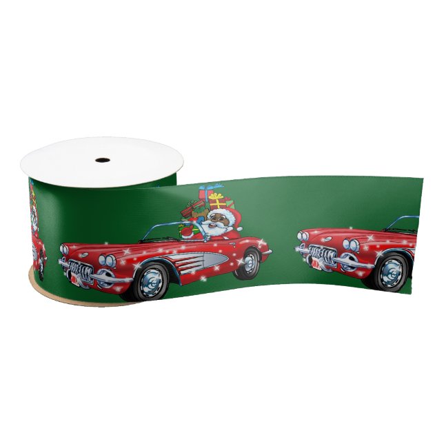 Black Santa in a Sports Car Satin Ribbon (Spool)