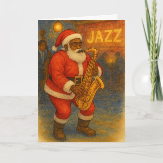 Black Santa Jazz Saxophone Christmas Card (Front)