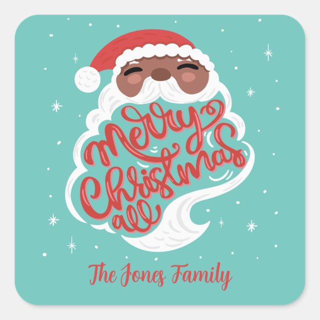 Black Santa Merry Christmas All, Family Name, Blue Square Sticker (Front)
