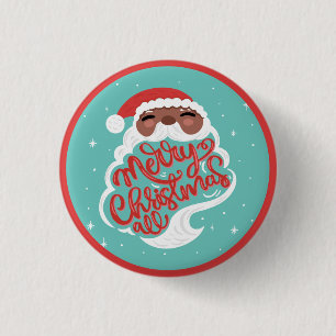 Black Santa   Merry Christmas All   Turquoise Blue 1 Inch Round Button