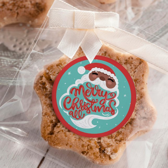 Black Santa | Merry Christmas All | Turquoise Blue Classic Round Sticker (Creator Uploaded)