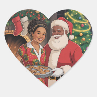 Black Santa & Mrs. Claus Christmas Card  Heart Sticker