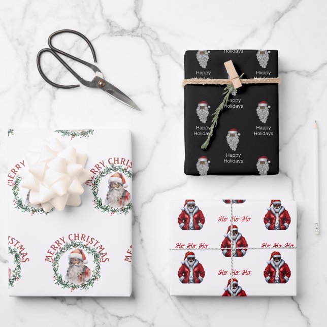  Black  Santa  Pattern African American Christmas Wrapping Paper Sheet (Front)