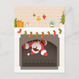 black santa stuck in fireplace holiday postcard