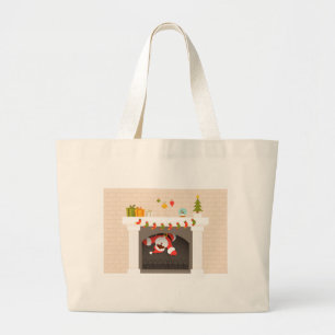 black santa stuck in fireplace large tote bag