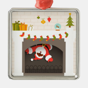 black santa stuck in fireplace metal ornament