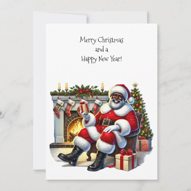 Black Santa with Fireplace Flat Card Personalize (Front)
