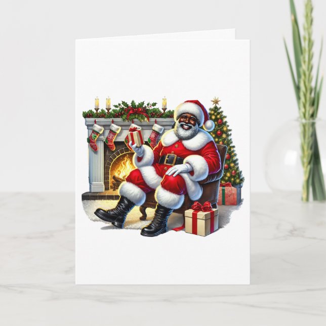 Black Santa with Fireplace Personalized Christmas Card (Front)