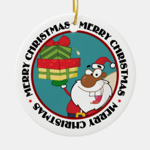 Black Santa with Gifts Ceramic Ornament