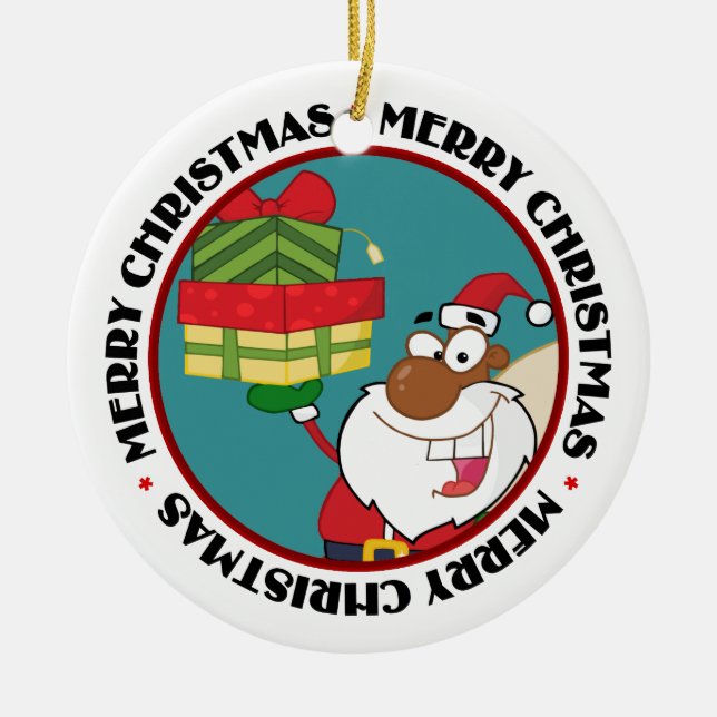 Black Santa with Gifts Ceramic Ornament (Front)