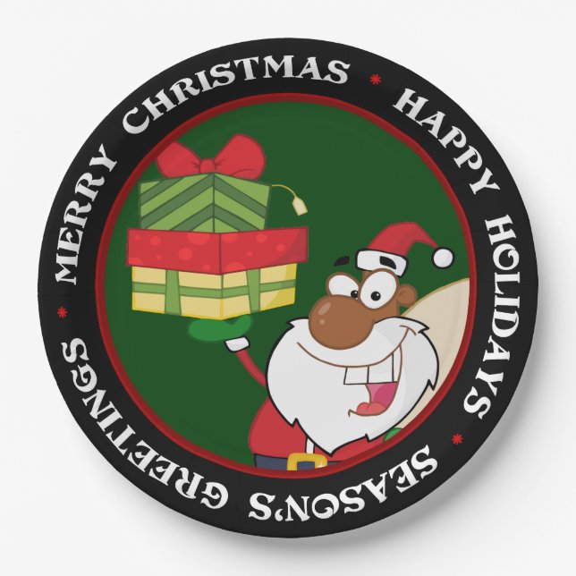 Black Santa with Gifts Paper Plate (Front)