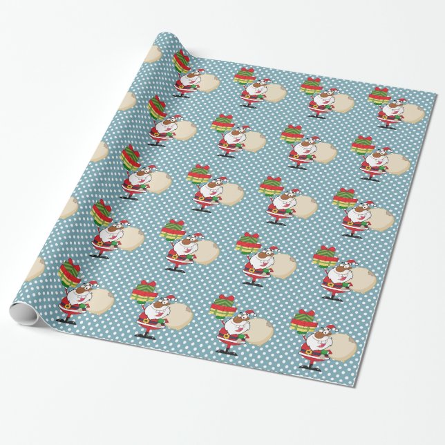 Black Santa with Gifts Wrapping Paper (Unrolled)