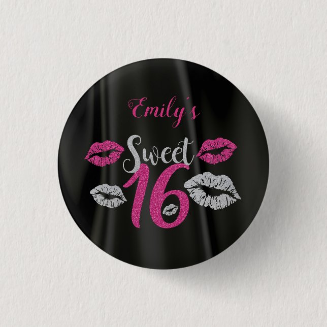 Black Satin And Pink And Grey Glitter 1 Inch Round Button (Front)