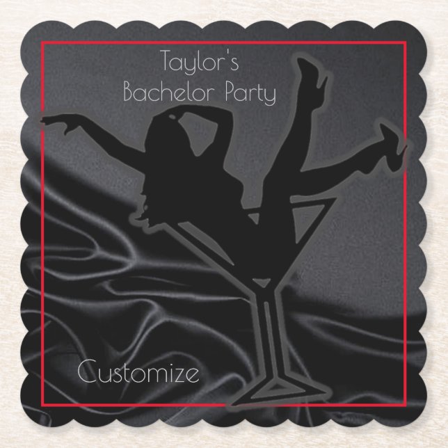 Black Satin Silhouette Bachelor Party Paper Coaster (Front)