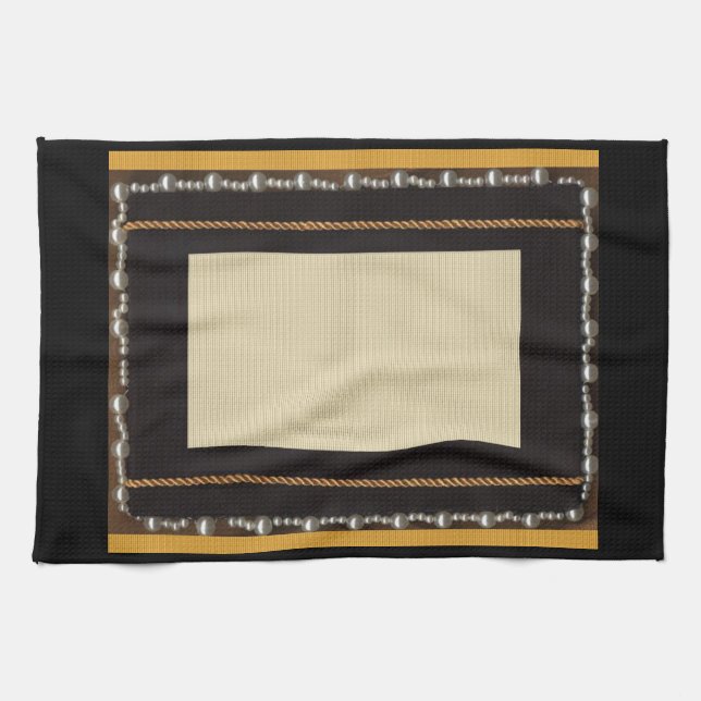 Black Satin Silk Fabric Photo Frame Embellished Wi Kitchen Towel (Horizontal)