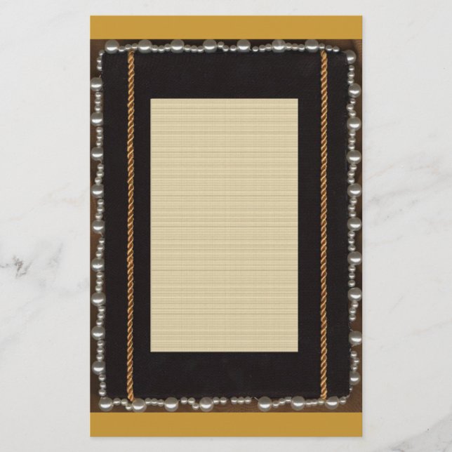 Black Satin Silk Frame With Faux Pearl And Gold Ro Stationery (Front)