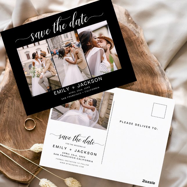 Black Save the Date 4 Photo Modern Postcard (Creator Uploaded)