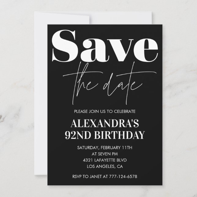 Black Save the date 92nd birthday Invitation (Front)
