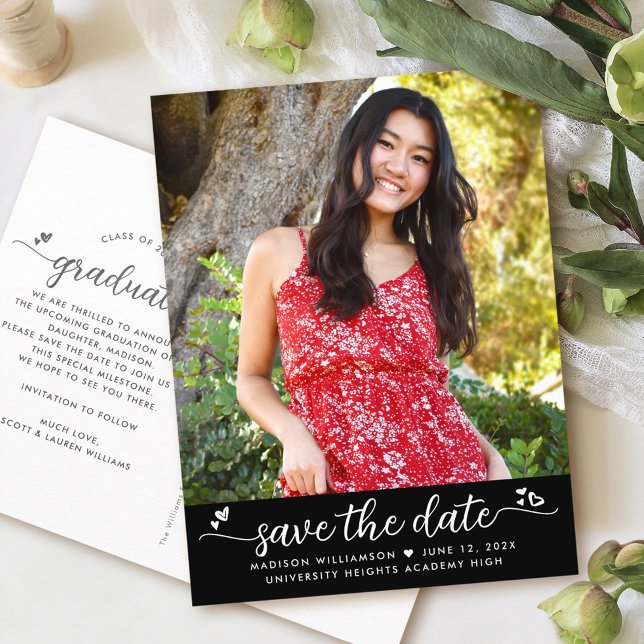 Black Save the Date Graduation Photo Script Hearts Invitation Postcard (Creator Uploaded)