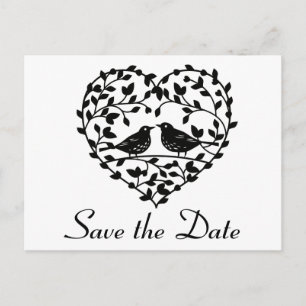 Black Save the Date Lovebirds Floral Heart Wedding Announcement Postcard