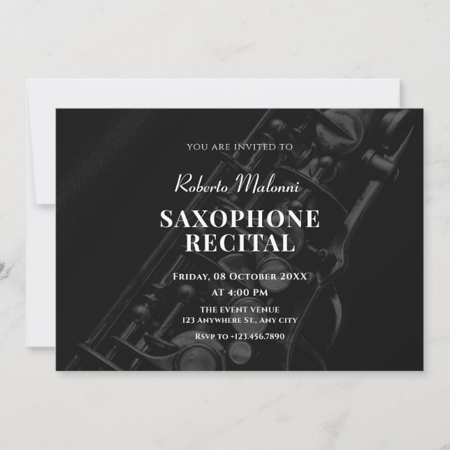 Black saxophone jazz music recital Invitation (Front)