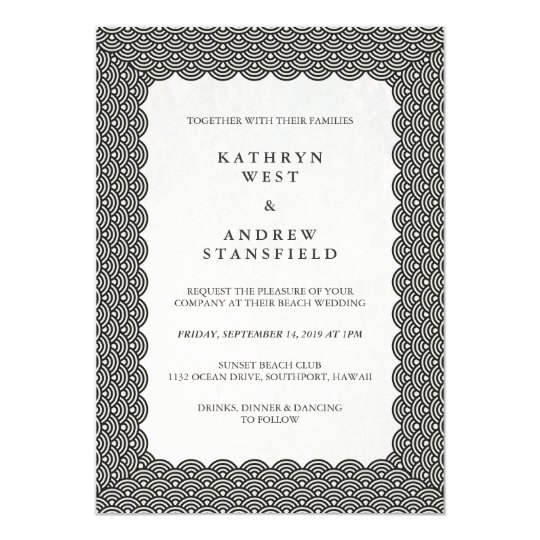 Black Scalloped Japanese Seigaiha Waves Wedding Card