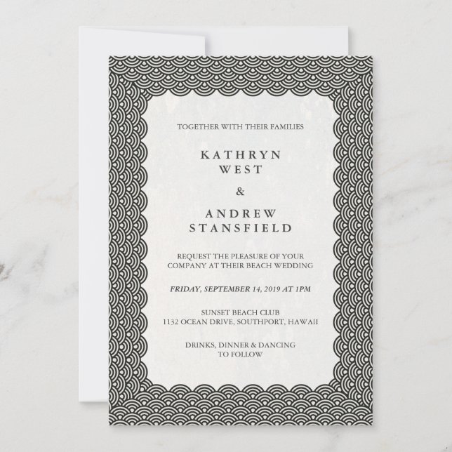Black Scalloped Japanese Seigaiha Waves Wedding Invitation (Front)