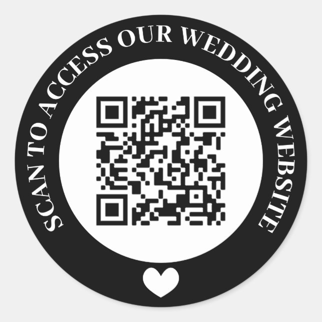 Black Scan To Access Wedding Website Heart QR Code Classic Round Sticker (Front)
