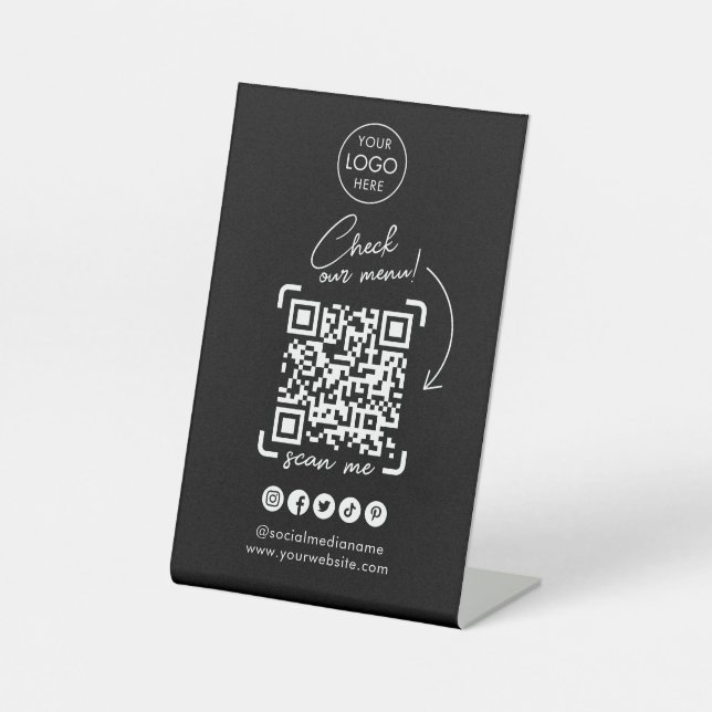 Black Scan to View Menu QR Code | Modern Minimal  Pedestal Sign (Front)