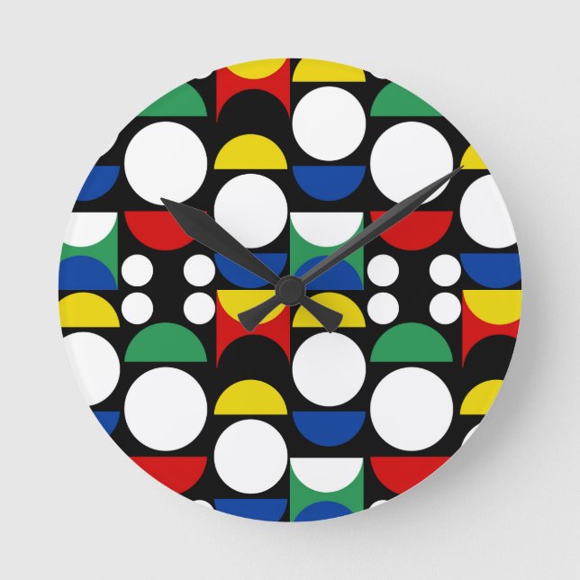 Black Scandinavian Bauhaus Mid-Century Pattern Round Clock (Front)