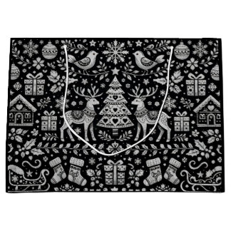 BLACK SCANDINAVIAN PATTERN CHRISTMAS GIFT BAG