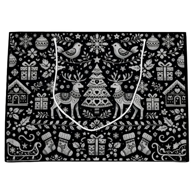 BLACK SCANDINAVIAN PATTERN CHRISTMAS GIFT BAG (Front)