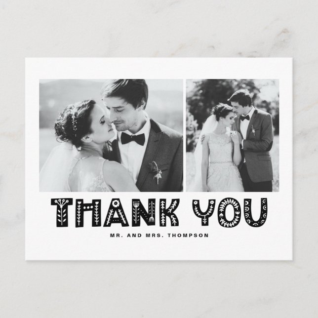 Black Scandinavian Photo Collage Wedding Thank You Postcard (Front)